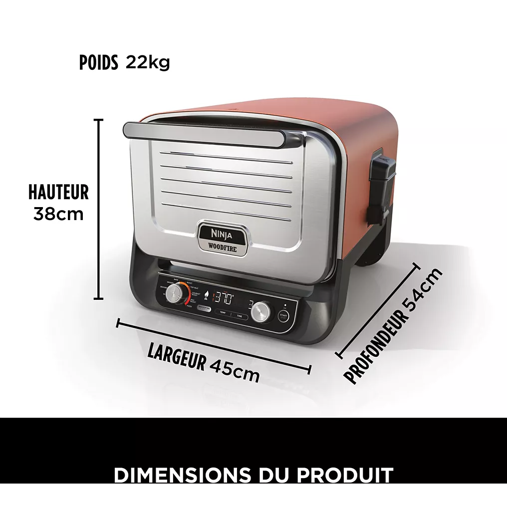 Four à pizza électrique NINJA Woodfire OO101EU orange inox, 1 pizza 30 cm, préchauffage 15 min, jusqu'à 370°C
